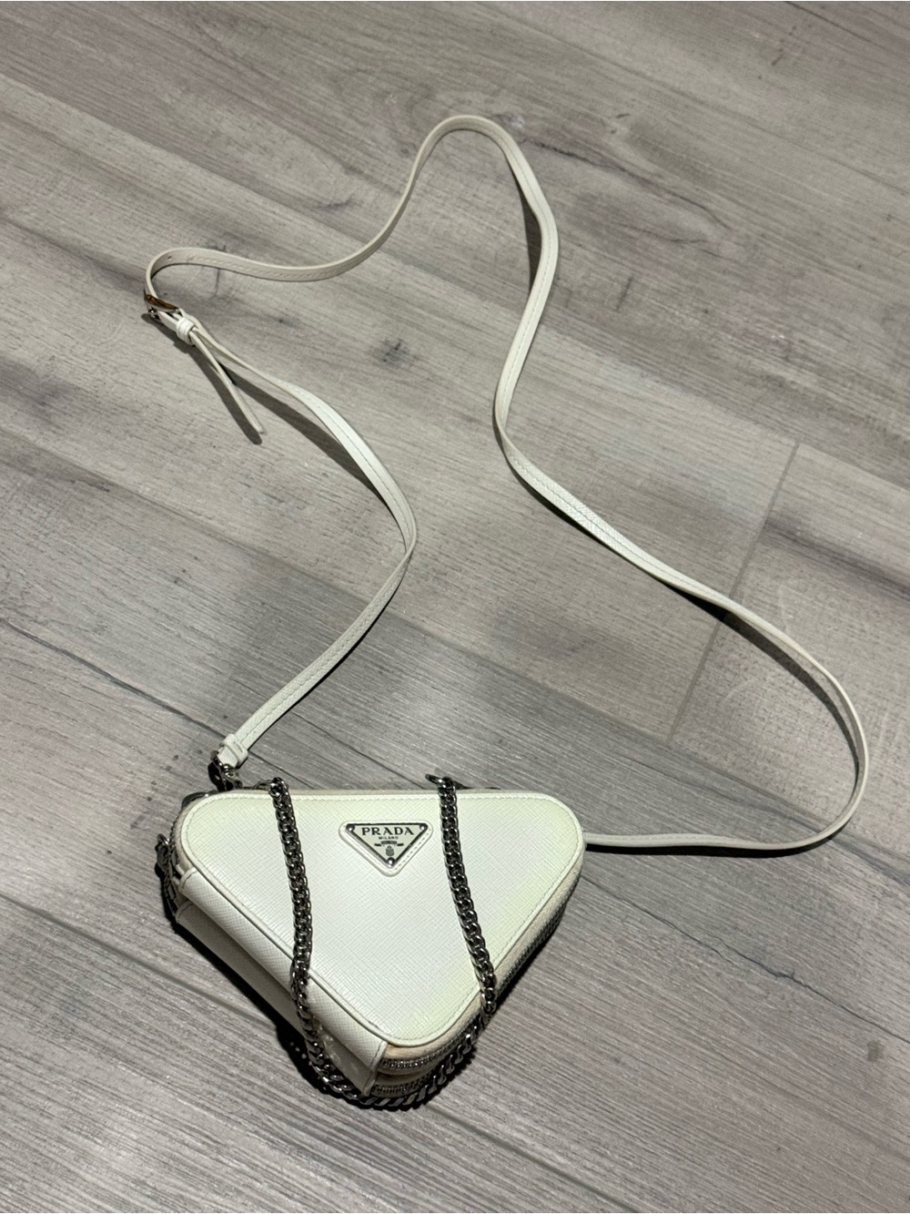 Prada Cream Triangle Mini Crossbody with Chain